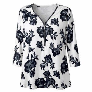 TANGO MANGO Tunic bold floral print sparkly rhinestone artsy s. L. 3/4 sleeves.